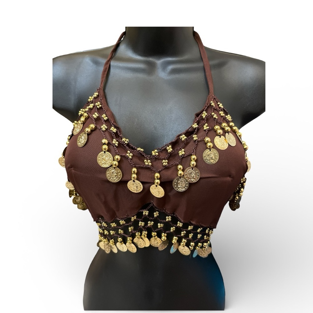 Brown Belly Dance Halter Tie Back Top with Gold Coin Accents NWT - Picture 3 of 3